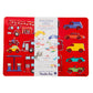Set of children's drawing pencils with red case featuring vehicle illustrations on a white background.