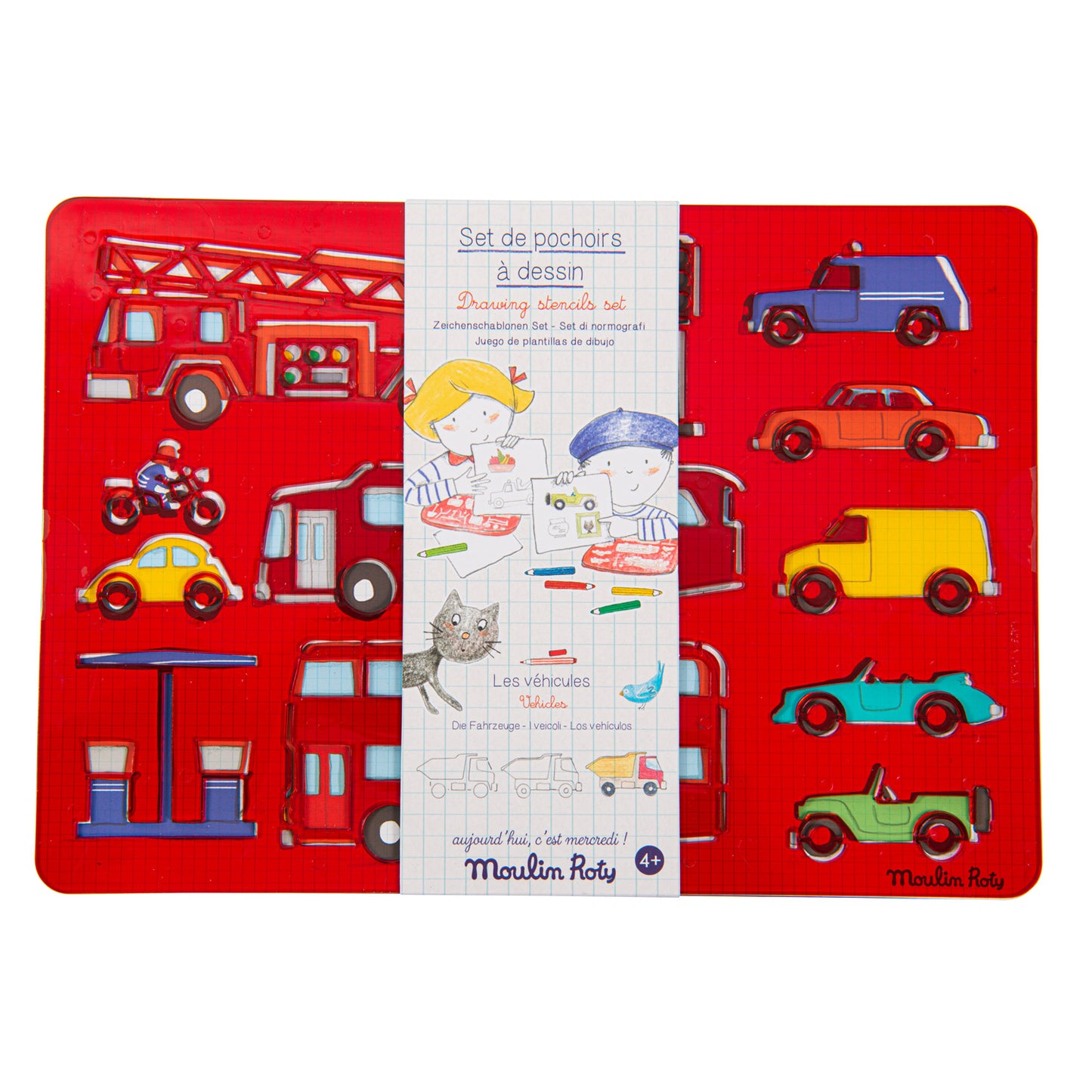 Set of children's drawing pencils with red case featuring vehicle illustrations on a white background.