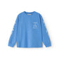 Blue long-sleeve shirt with white graphics on a white background