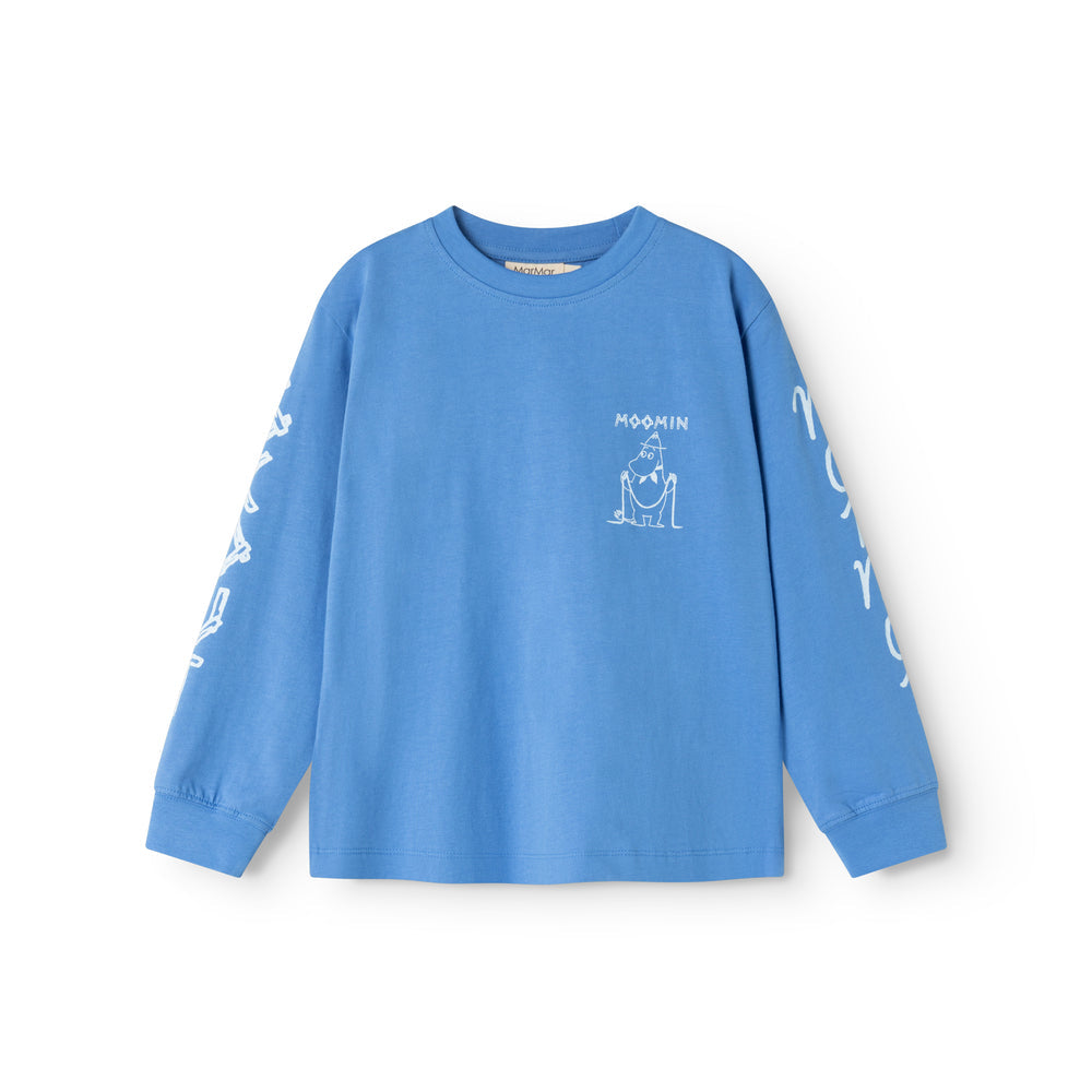 Blue long-sleeve shirt with white graphics on a white background