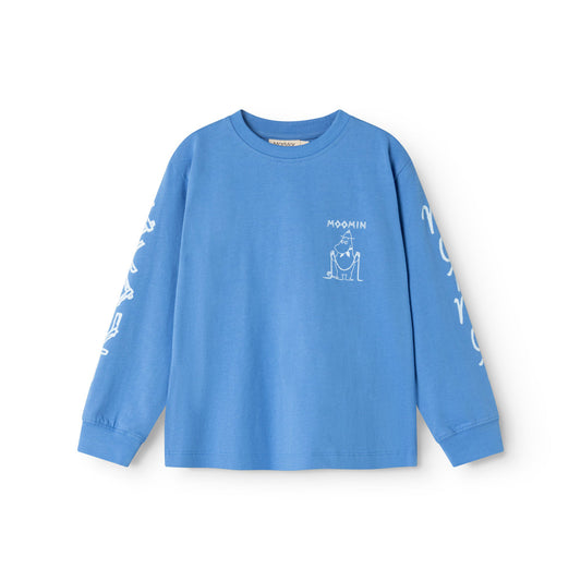 Blue long-sleeve shirt with white graphics on a white background