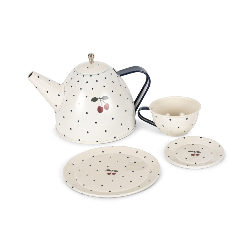 Ceramic teapot set with cherry design on a white background