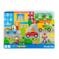 Children's puzzle with colorful vehicles and buildings, featuring the Moulin Roty brand.