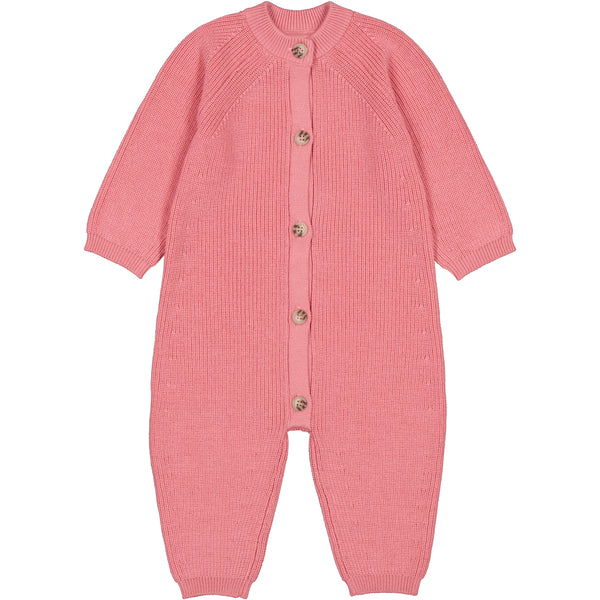Pink baby onesie with buttons on a white background