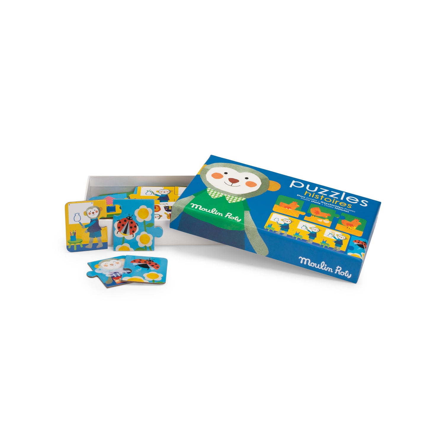 Children's puzzle set with Moulins Roty branding on a white background