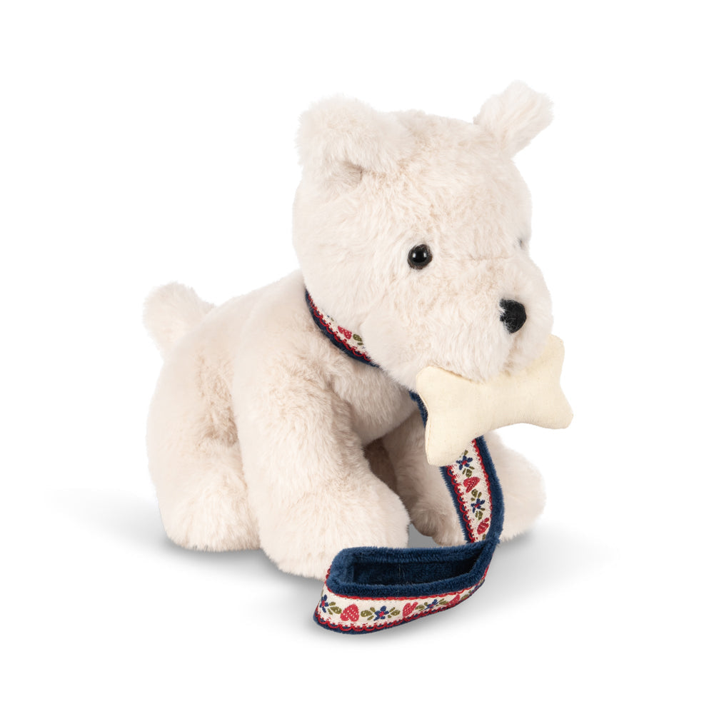 Plush polar bear toy with a colorful scarf on a white background