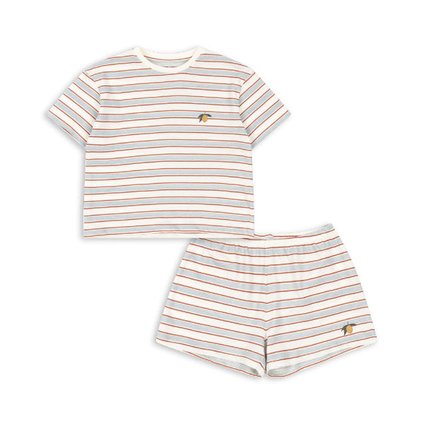 Striped t-shirt and shorts set on a white background