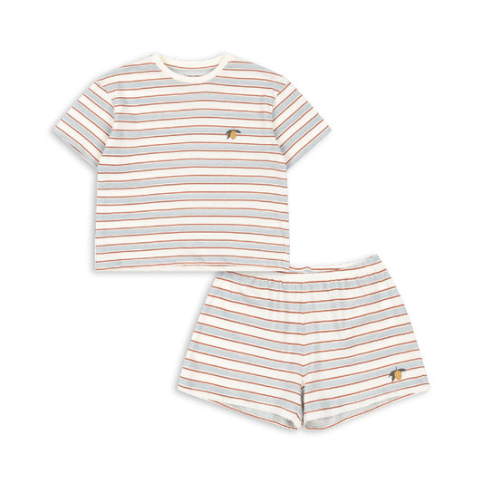 Striped t-shirt and shorts set on a white background