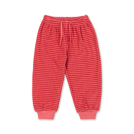 Red and pink horizontally striped jogger pants with an elastic waistband and drawstring, shown flat on a white background.