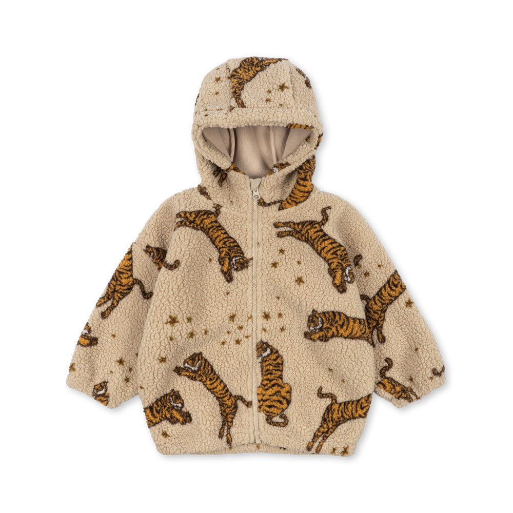 A beige sherpa zip-up hoodie with an all-over print of orange and black striped tigers and small gold stars, shown against a plain white background.