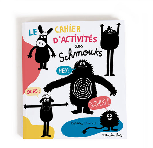 Children's activity book cover with cartoon characters and colorful text on a white background