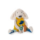 Stuffed animal toy with a yellow dress and blue shoes on a white background