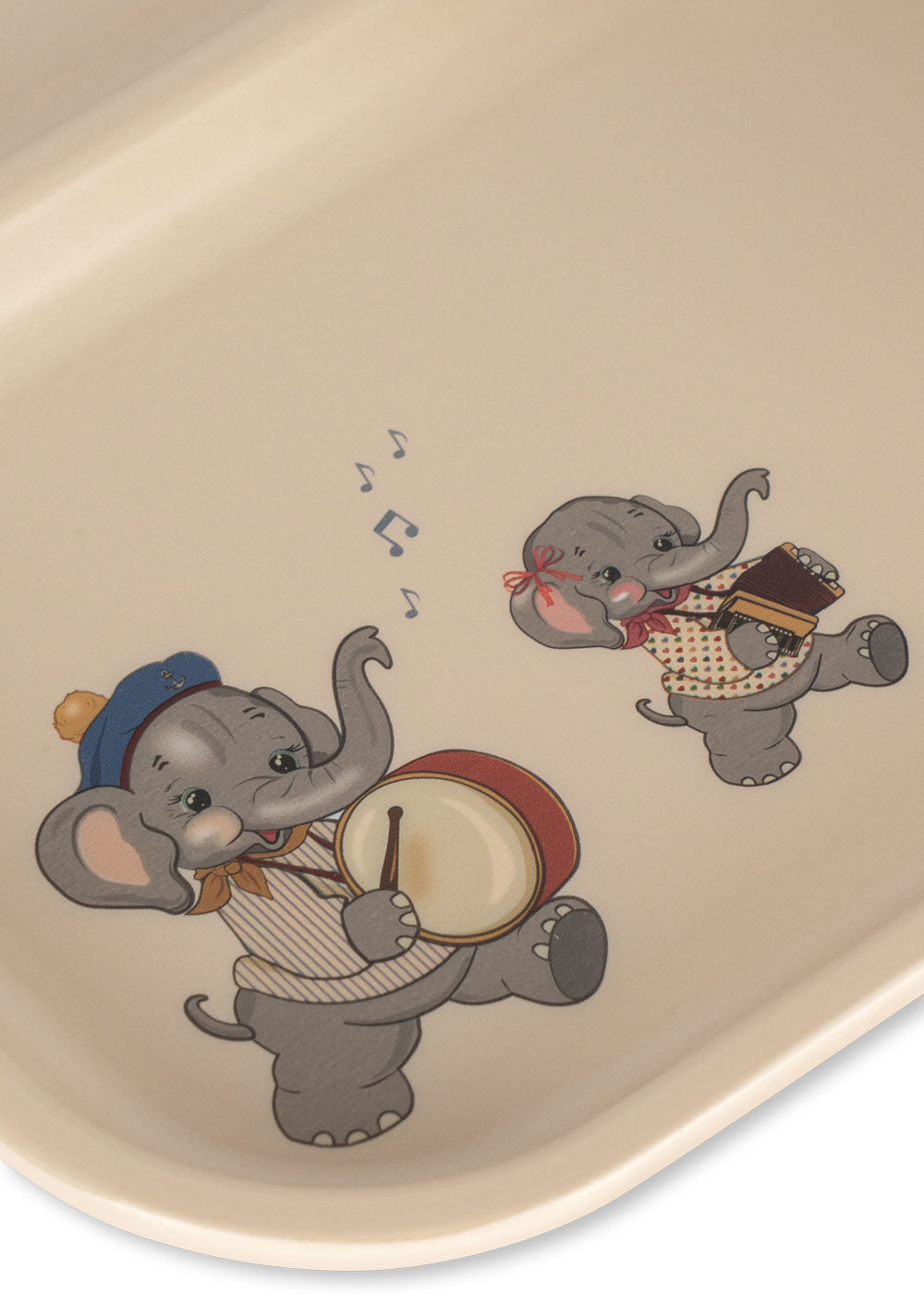 Two cartoon elephants playing music on a beige background