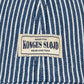 Close-up of a blue and white striped fabric with a 'Konges Slojd' label.