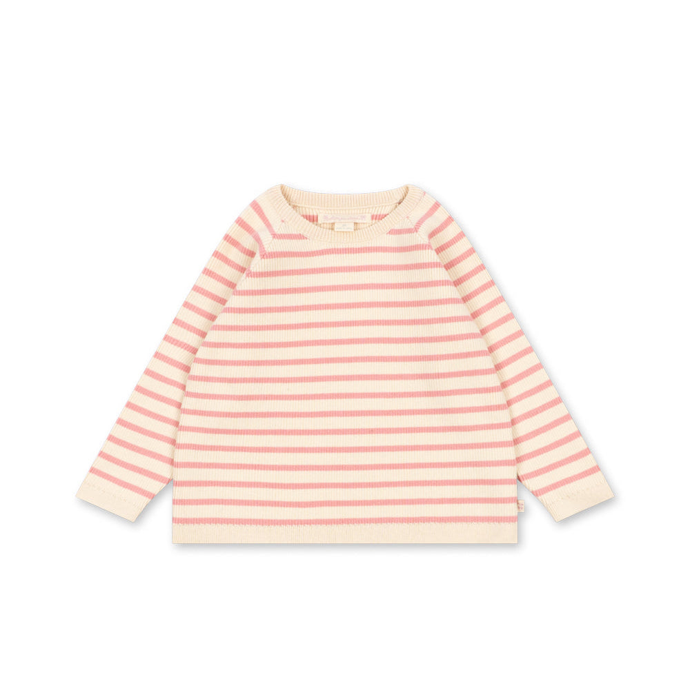 A long-sleeve children's top with horizontal stripes in pale pink and cream, laid flat against a white background.