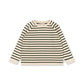 A long-sleeve knit top with horizontal stripes in cream and dark green, featuring ribbed cuffs and a crew neck, laid flat against a white background.
