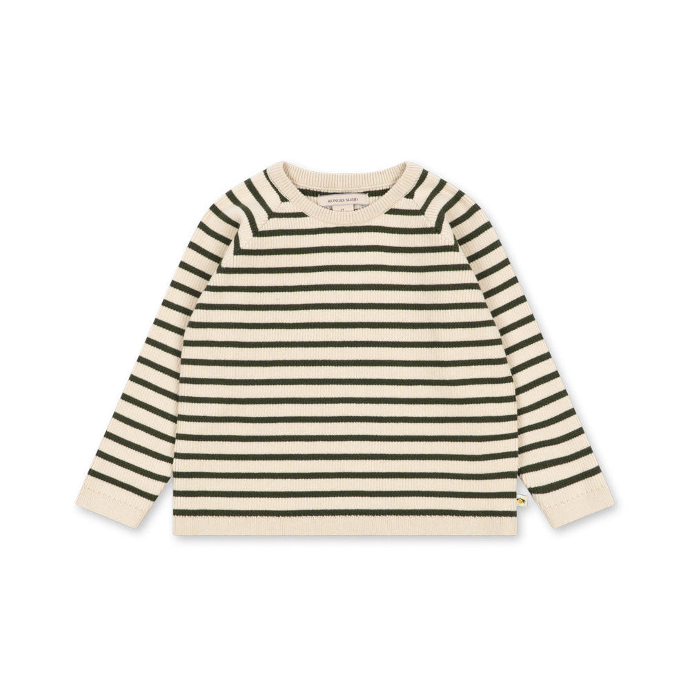 A long-sleeve knit top with horizontal stripes in cream and dark green, featuring ribbed cuffs and a crew neck, laid flat against a white background.