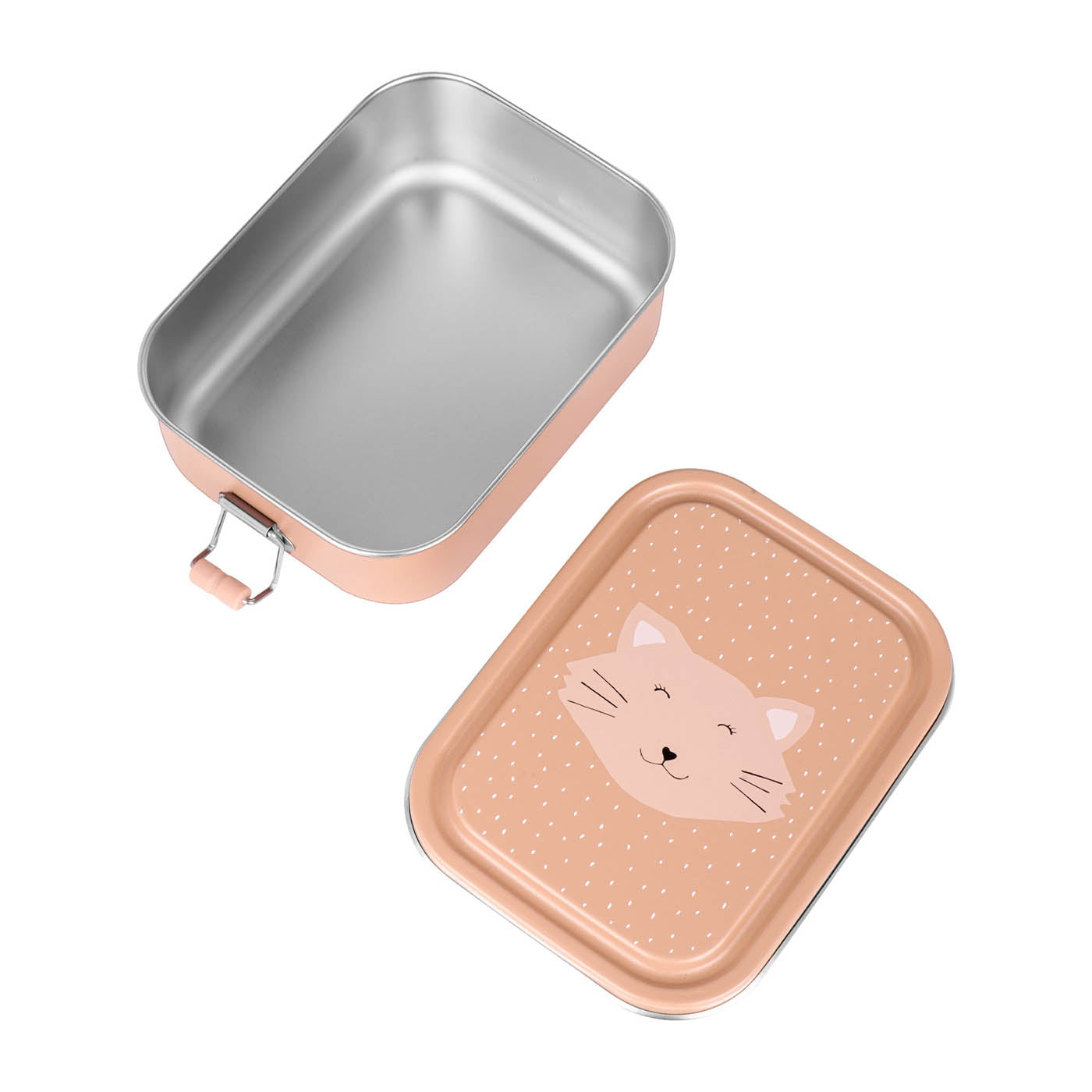 Metal lunch box with pink cat-themed lid on a white background