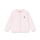 A light pink long-sleeve button-up cardigan sweater with a small embroidered cow graphic on the left chest, displayed flat against a plain white background.