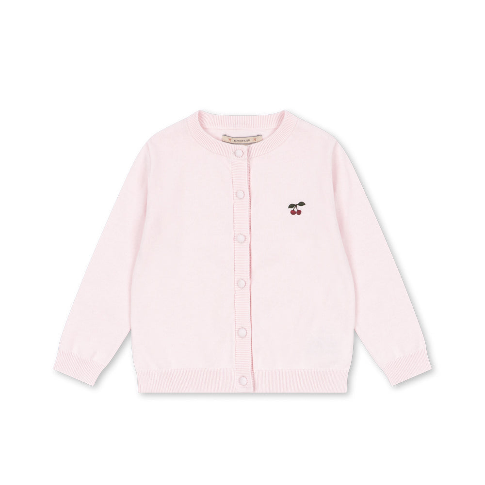 A light pink long-sleeve button-up cardigan sweater with a small embroidered cow graphic on the left chest, displayed flat against a plain white background.