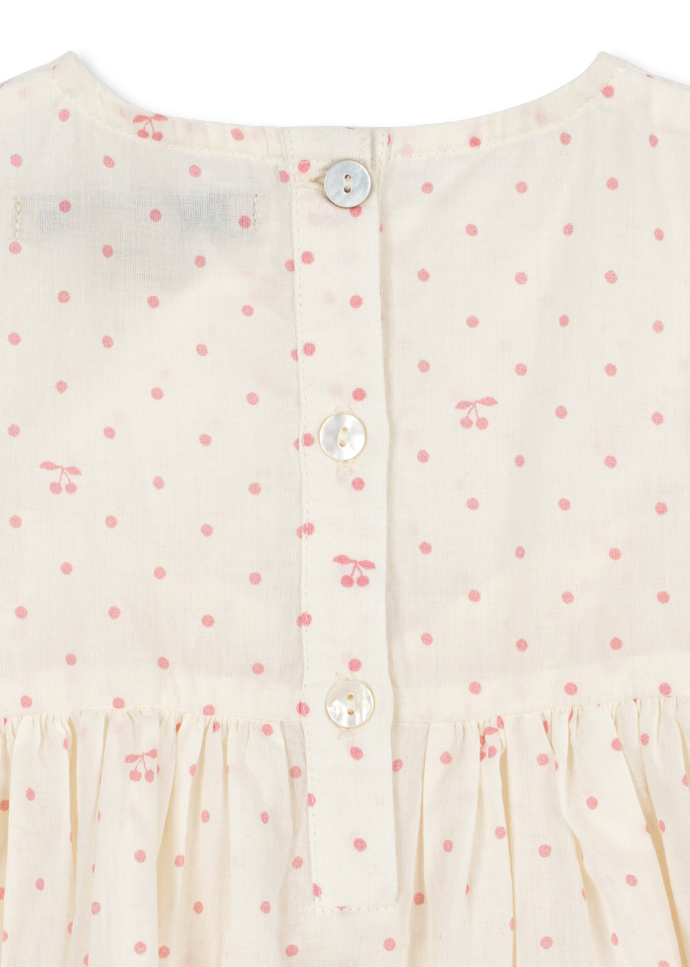Close-up of a cream-colored dress with pink floral pattern and buttons.