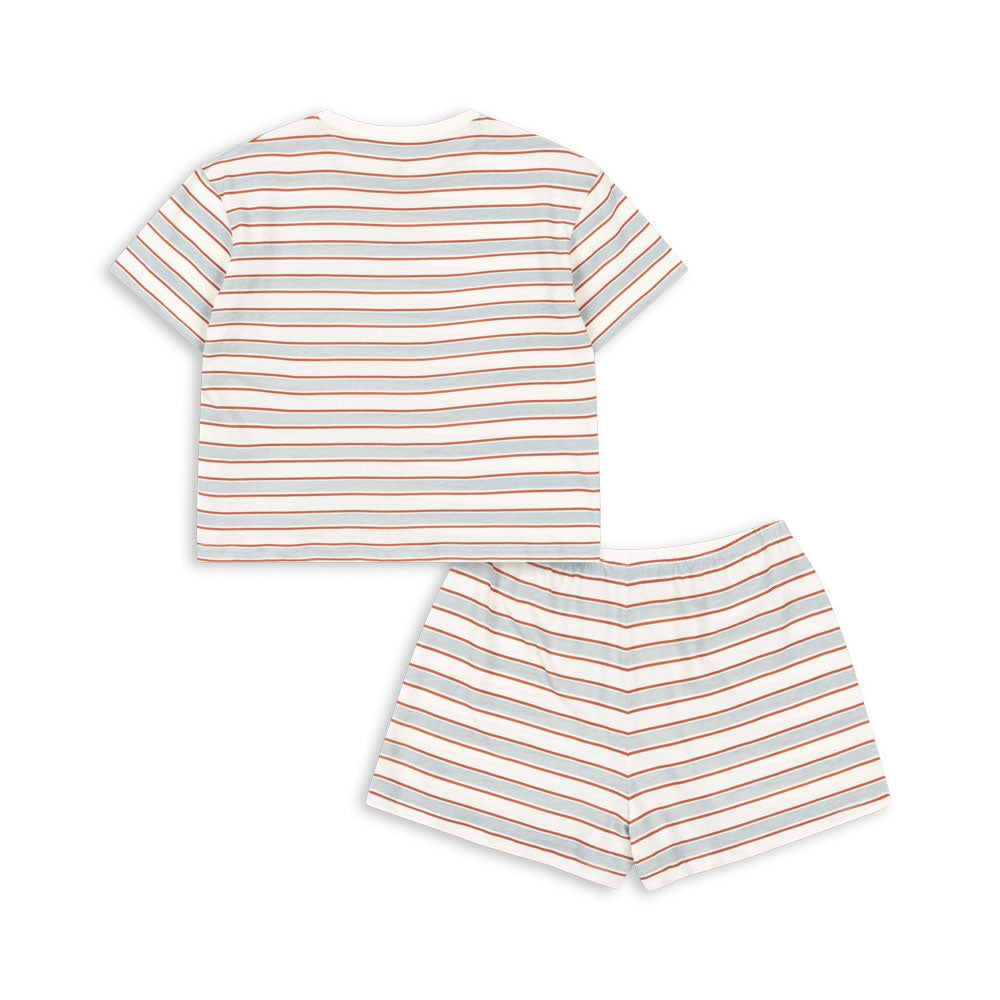 Striped t-shirt and shorts set on a white background