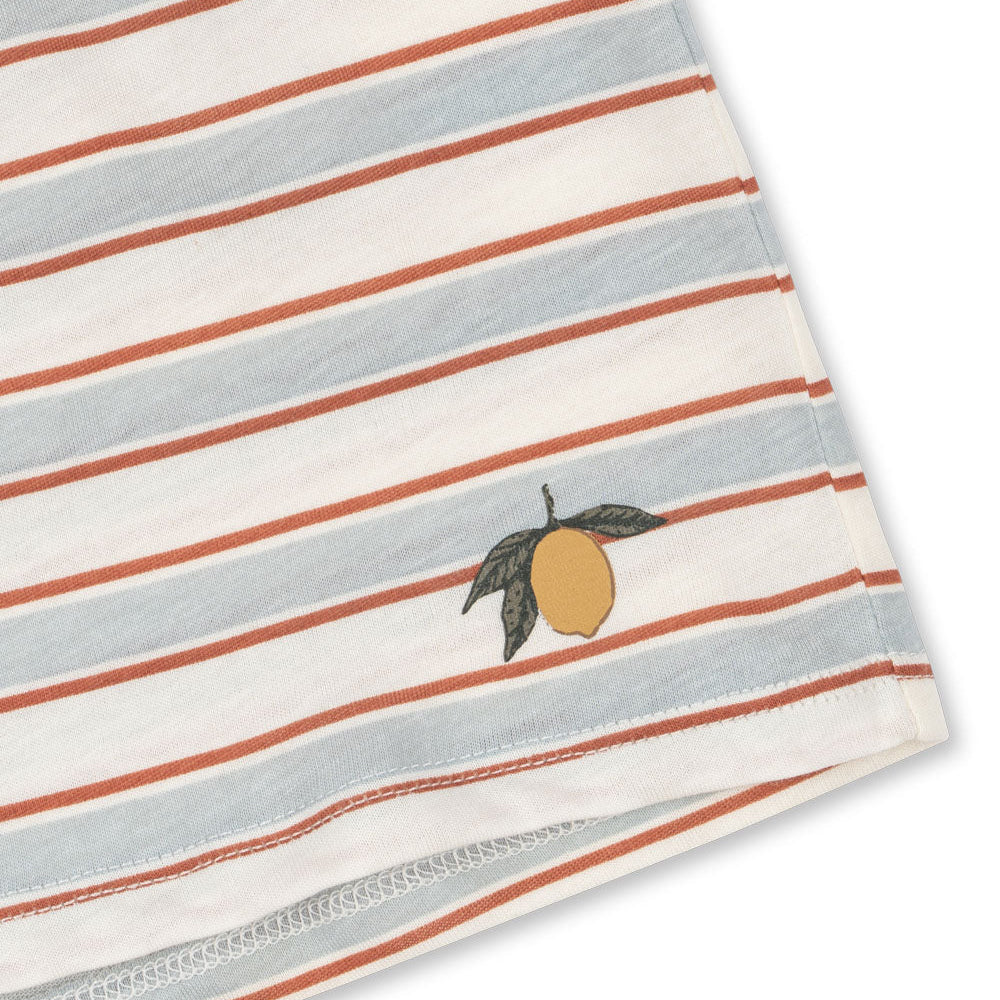 Famo organic cotton blue and cream striped shorts with Longes slojd signature lemon detail on the leg