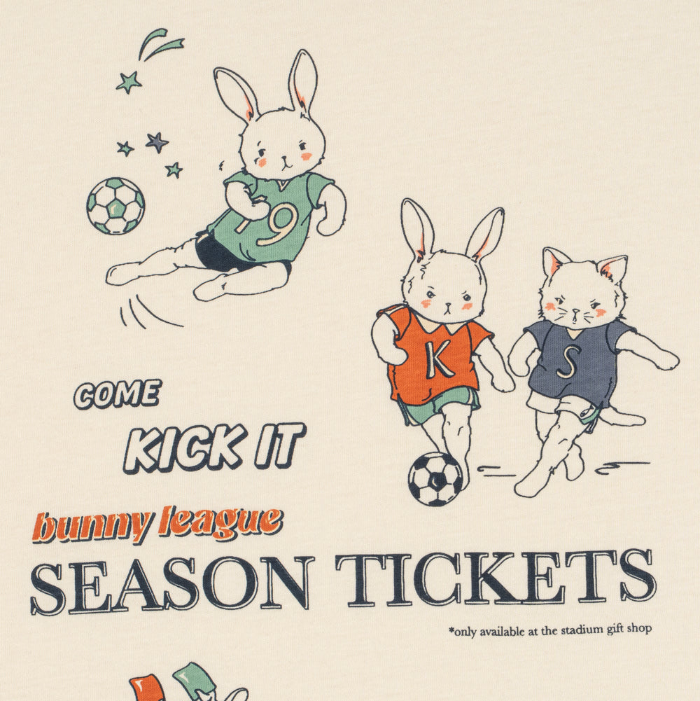close up of Famo boys t-shirt Poster for bunny league season tickets with cartoon animals playing soccer.