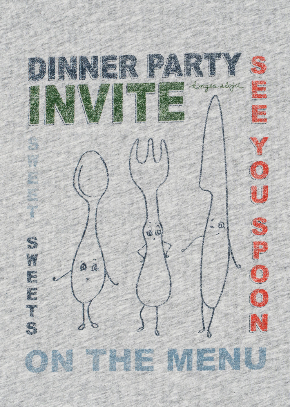 Gray t-shirt with dinner party invitation text and cutlery graphics on a textured gray background