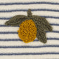 Close-up of a striped knit fabric with horizontal navy and off-white bands, featuring a crocheted or knitted acorn motif in olive green and mustard yellow on the chest.
