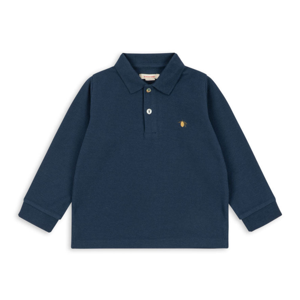 Navy blue polo shirt with brand logo on a white background