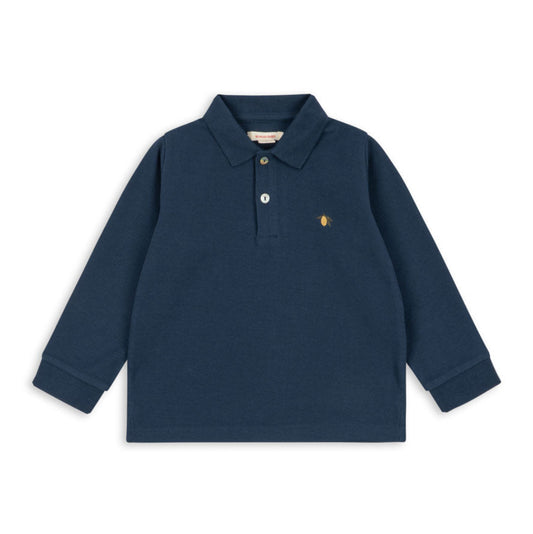 Navy blue polo shirt with brand logo on a white background