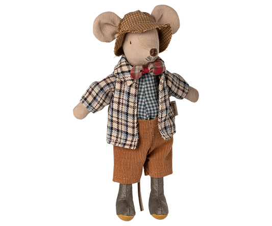 A plush mouse doll dressed in a tweed hat, plaid jacket, bow tie, corduroy shorts, and boots, photographed against a plain white background.