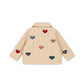 A beige quilted jacket with multiple colorful heart patches in red, blue, pink, brown, green, and gray, displayed against a solid white background.