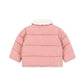 A pink puffer jacket with horizontal quilting and a contrasting cream-colored collar, shown from the back on a plain white background.