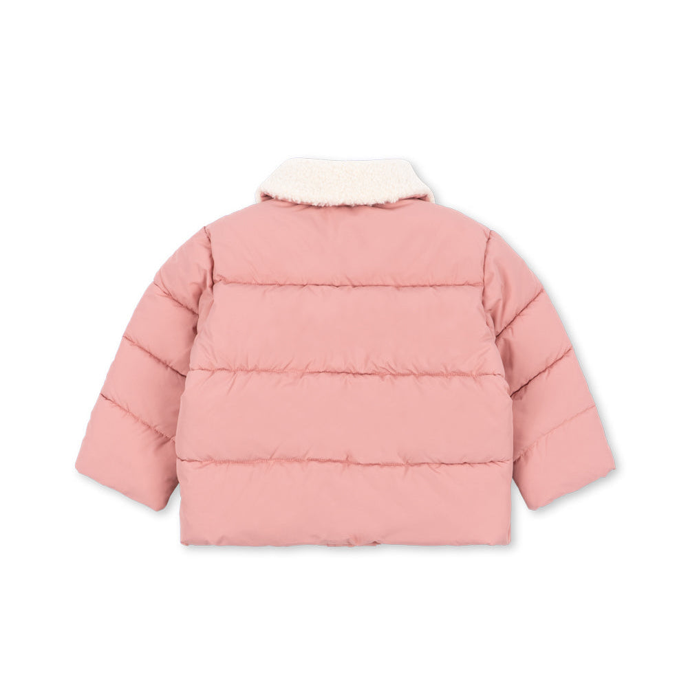 A pink puffer jacket with horizontal quilting and a contrasting cream-colored collar, shown from the back on a plain white background.
