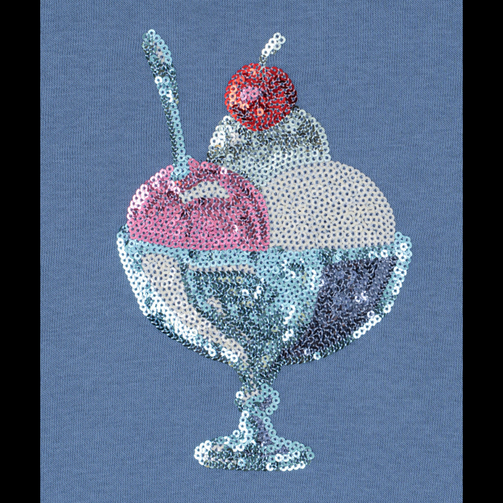 Sequined ice cream sundae design on a blue background