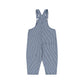 A pair of blue and white vertically striped baby overalls with adjustable shoulder straps, shown flat against a solid white background.