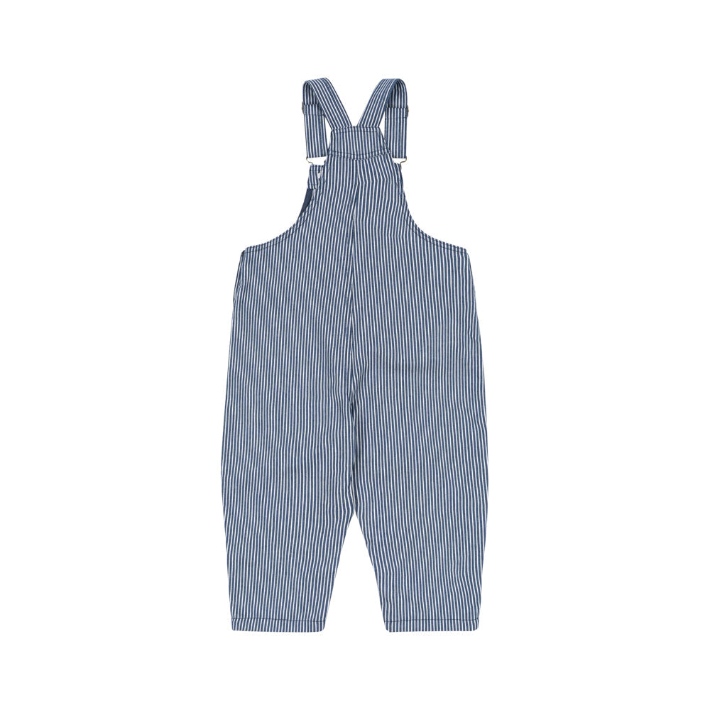A pair of blue and white vertically striped baby overalls with adjustable shoulder straps, shown flat against a solid white background.