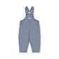 A pair of baby boy's blue and white vertically striped corduroy overalls with adjustable shoulder straps and metal snap buttons, shown flat on a white background.