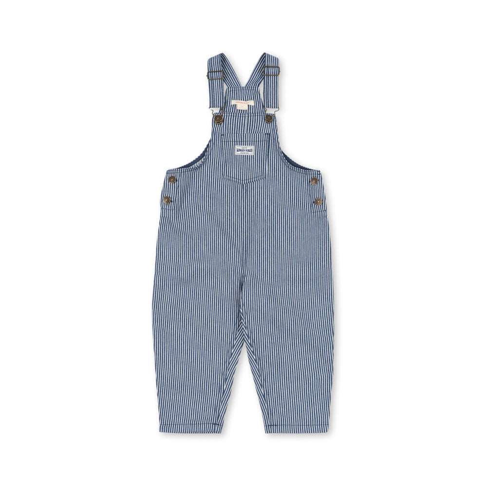 A pair of baby boy's blue and white vertically striped corduroy overalls with adjustable shoulder straps and metal snap buttons, shown flat on a white background.