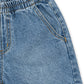 Close-up of blue denim shorts on a white background
