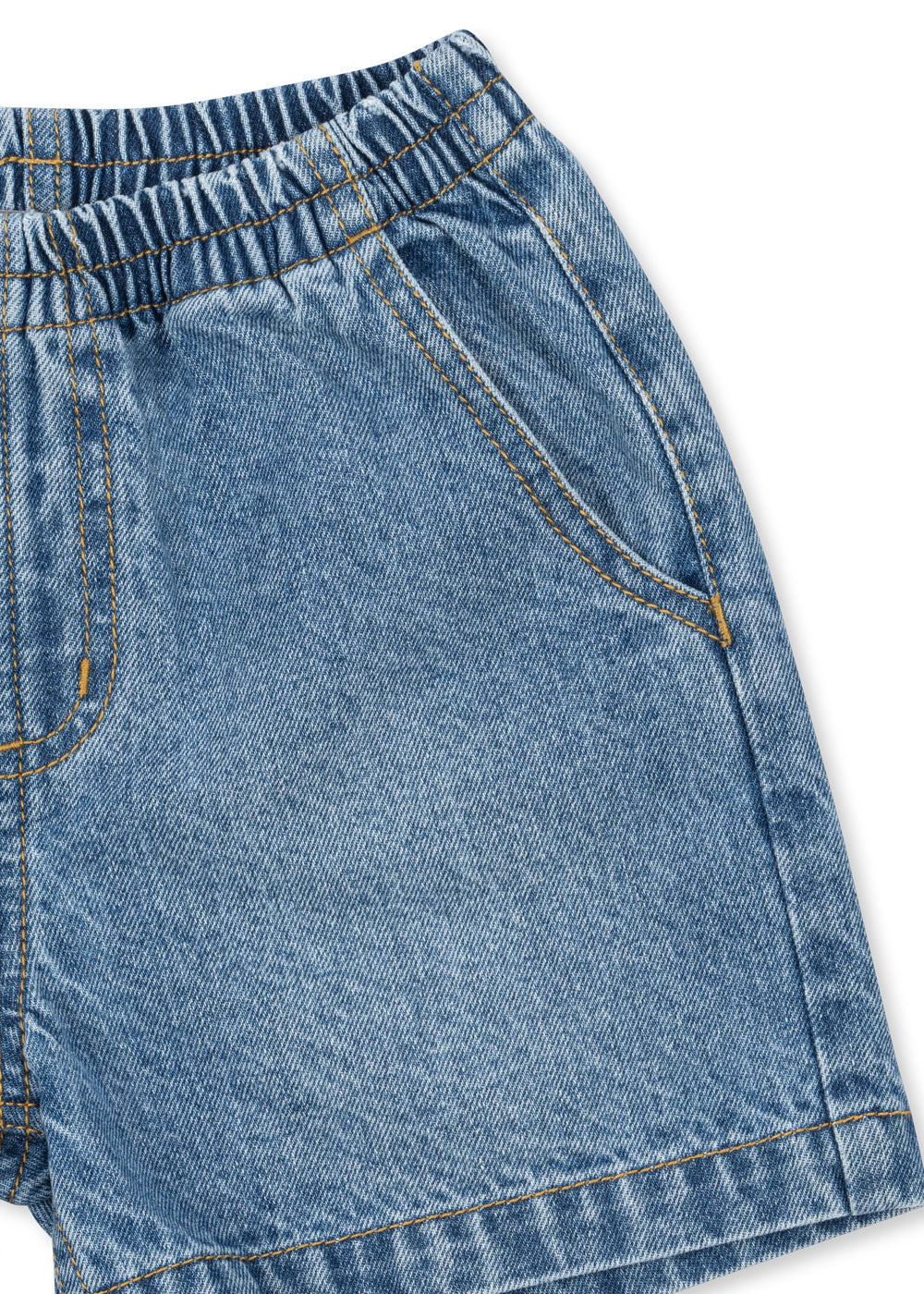 Close-up of blue denim shorts on a white background