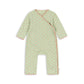 A baby long-sleeve footless wrap jumpsuit in light green with a small red floral pattern and red trim, shown flat on a white background.