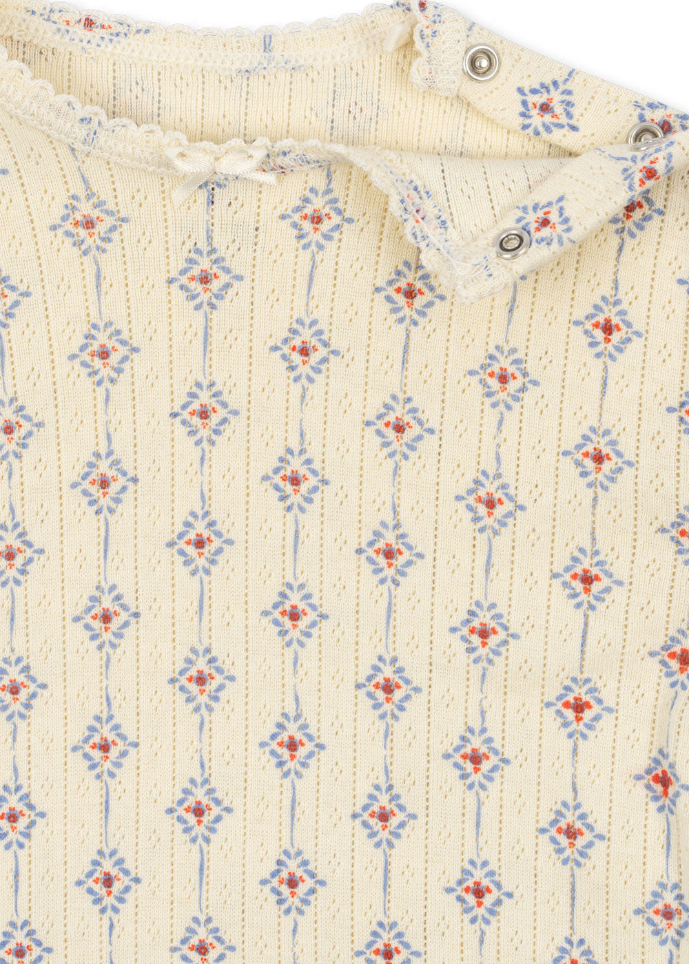 Close-up of a textured fabric with a floral pattern on a beige background