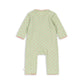 A baby long-sleeve footless romper in light sage green with a small repeating red and yellow floral pattern, shown from the back on a white background.