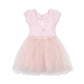 A light pink toddler girl's dress featuring a short puff-sleeve bodice with a ruffled back and small embroidered cherub details, paired with a voluminous light pink tulle tutu skirt, shown against a plain white background.