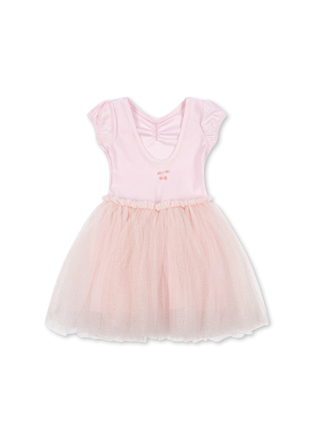 A light pink toddler girl's dress featuring a short puff-sleeve bodice with a ruffled back and small embroidered cherub details, paired with a voluminous light pink tulle tutu skirt, shown against a plain white background.