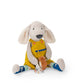 Stuffed animal dog wearing a yellow outfit with a white background