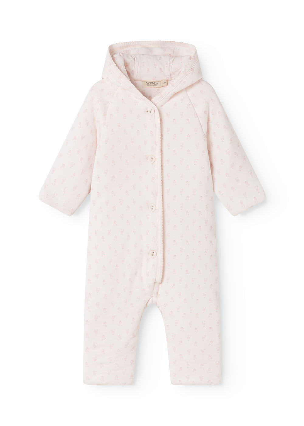 Pink baby snowsuit with a hood on a white background